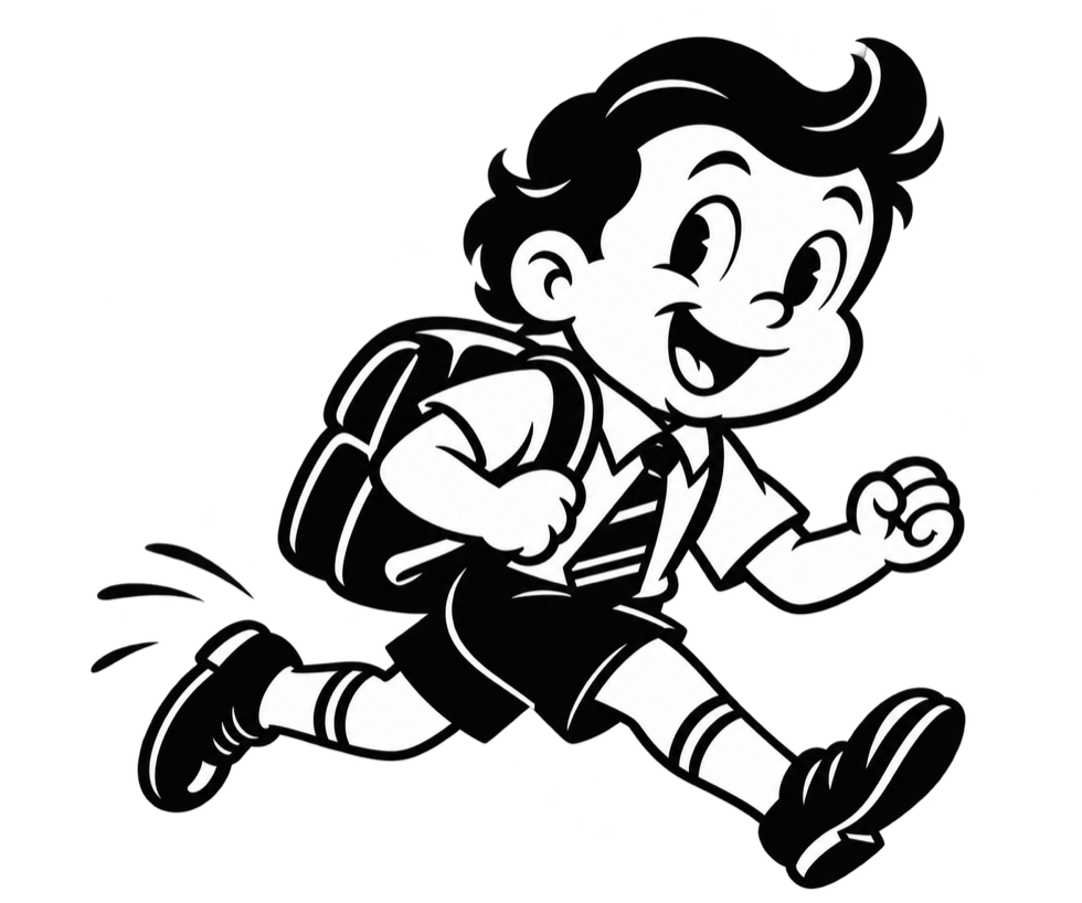 Cartoon kid in a school uniform, running